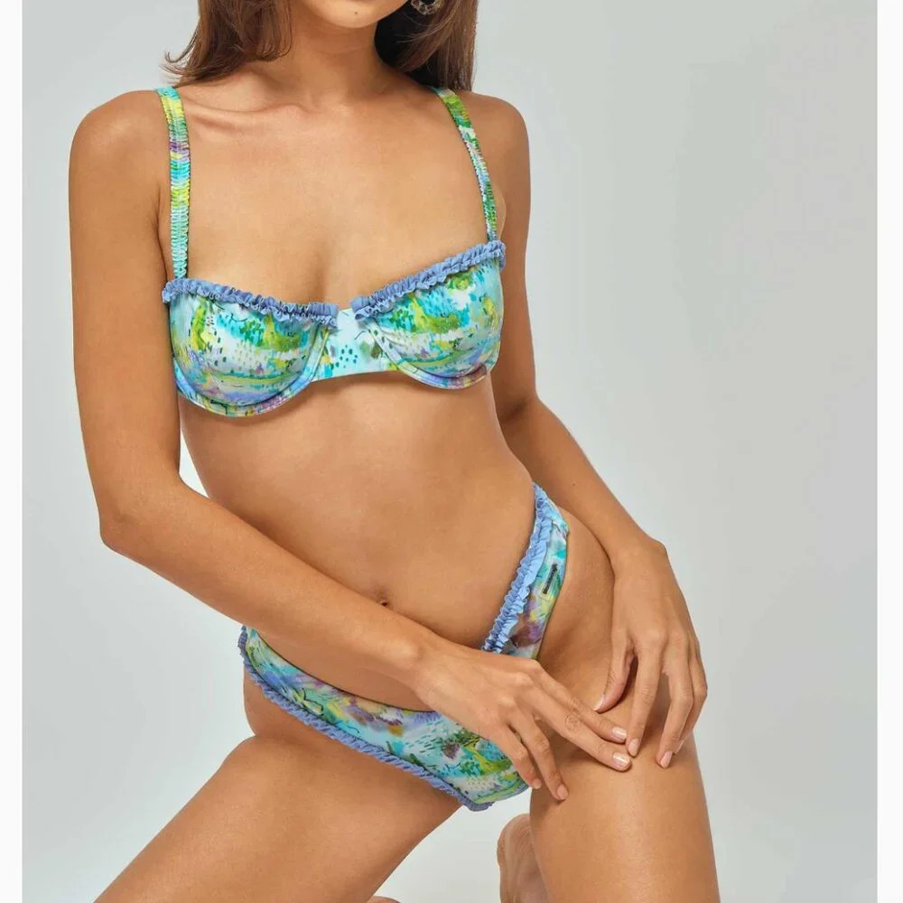 Blackbough Amelia Frilled Underwire Top And Bottom Bikini Set Secret Garden Blue - Picture 1 of 5
